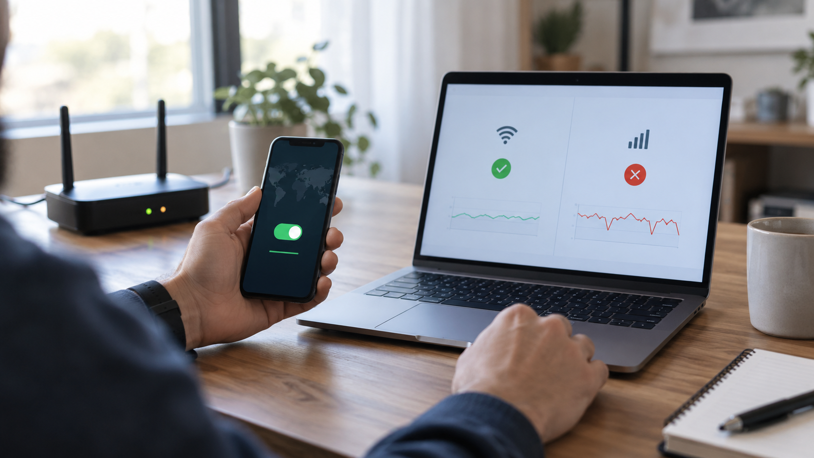 Проверка VPN через Wi‑Fi и мобильную сеть на смартфоне рядом с роутером